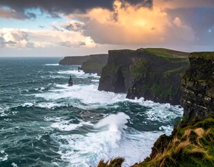 Rugged coastal cliffs meet crashing waves under a dramatic cloudy sky at sunrise