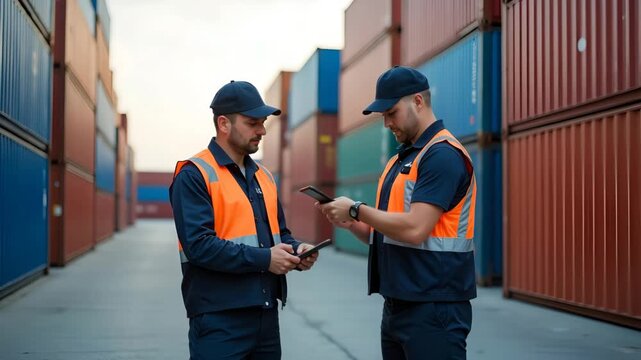 Customs agents enforcing US import restrictions protocols at seaport entry points inspecting incoming containers against updated sanction lists and compliance standards in  Photo Stock  Concept  and e