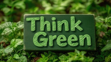 Concept of environmental awareness with green text amidst lush foliage background