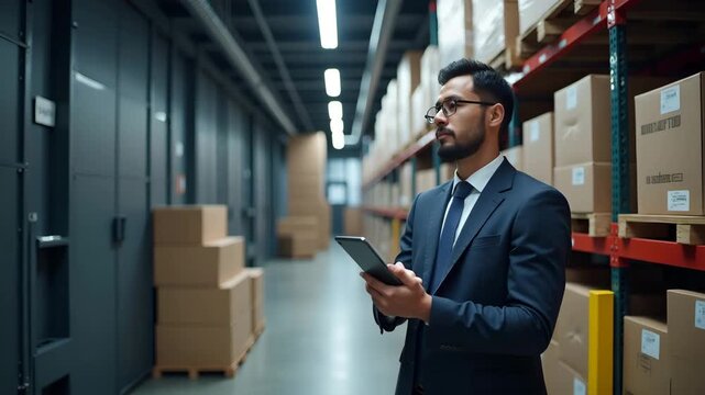 Procurement manager streamlining supply chain Asia operations by negotiating vendor contracts and optimizing lead times in modern logistics center in  Photo Stock  Concept  and empty space on the left