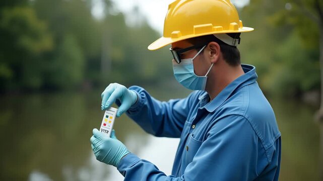 Technician conducting rapid water sample field test using colorimetric strips to detect heavy metals and pathogen indicators in pond water in  Photo Stock  Concept  and empty space on the left side