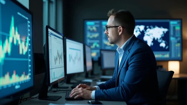 Seasoned finance expert analyzing bearish market indicators on multi?screen workstation in sleek corporate office providing strategic investment guidance in  Photo Stock  Concept  and empty space on t