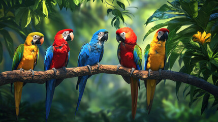 Obraz premium A vibrant digitally painted image of five vividly colored parrots perched on a branch in a lush jungle