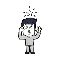 Cartoon Man with Gray Outfit Realizing Solution and Star Above Head Standing Against White Background