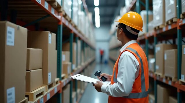 Detailed shot of inspector verifying Asian manufactured product specifications using handheld scanner and checklist in high?tech distribution center environment in  Photo Stock  Concept  and empty spa