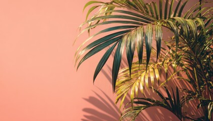 Large Retro Palm Leaves Against a Pastel Peach Wall, Creating a Minimalist Vintage Aesthetic Background with Copy Space for Commercial Design

