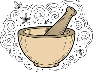 Black and white minimalist drawing of a small jar of spices with aroma lines drifting upward, concept of home flavor