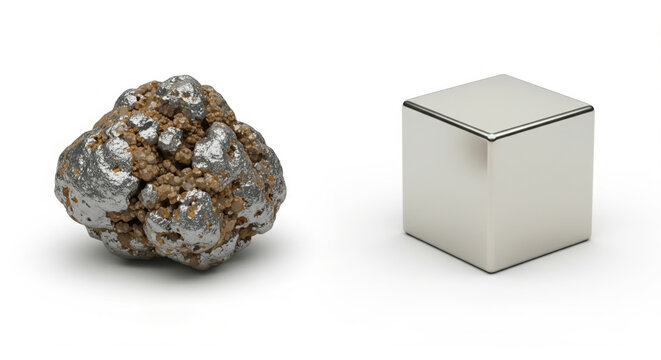 Rare earth ore and refined holmium metal cube