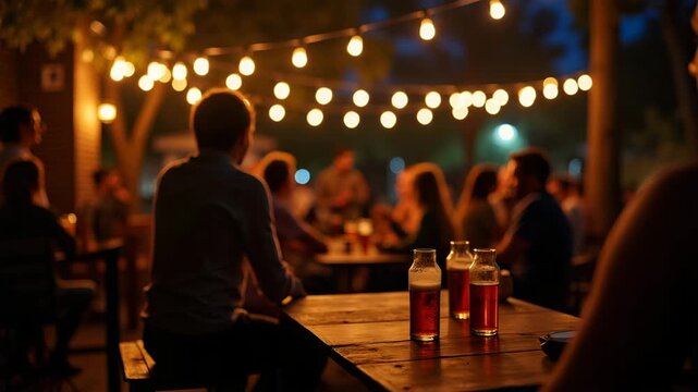 Live acoustic beer evening under string lights intimate outdoor setting featuring patrons savoring amber brews around unplugged musician performance rustic ambiance autumn night gathering in  Photo St