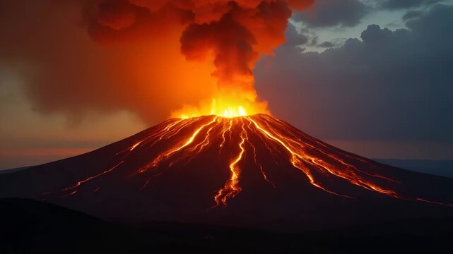 Volcanic eruption at dawn with fiery lava bursting from the summit and filling the sky with ash smoke and orange hues of the molten flow in  Photo Stock  Concept  and empty space on the left side