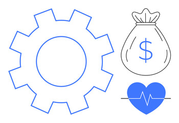 Large gear symbolizing productivity, money bag with dollar sign for finance, and heart with heartbeat line for health. Ideal for business, wellness, goals, economy, fitness, strategy simple flat