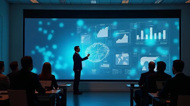 Economist presenting interactive political economy visual illustrating policy?market interactions on large touchscreen in academic conference in  Photo Stock  Concept  and empty space on the left side