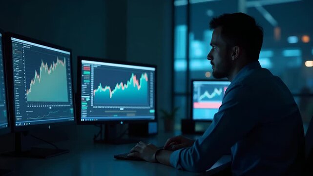 Trader in panic moment reacting to stock panic moment displayed across multiple monitors during crisis simulation exercise in  Photo Stock  Concept  and empty space on the left side