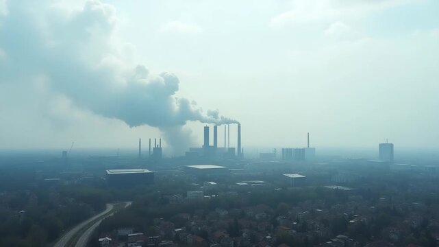 Aerial view of factory pollution showing dense smoke layers drifting over industrial complex and nearby residential zones under gray sky in  Photo Stock  Concept  and empty space on the left side
