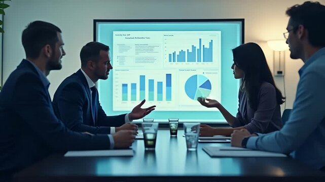 Corporate lobbying group presenting analysis of political trade issue to policymakers with charts indicating industry impact and regulatory recommendations in  Photo Stock  Concept  and empty space on