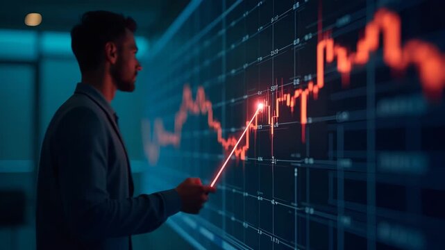 Investment manager monitoring red line dropping below key support on interactive chart display highlighting potential sell?off trigger point for portfolio adjustment in  Photo Stock  Concept  and empt