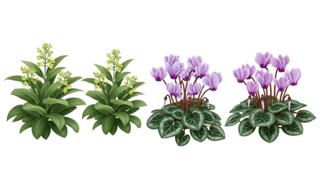 Two green plants with yellow flowers and two purple cyclamen plants transparent