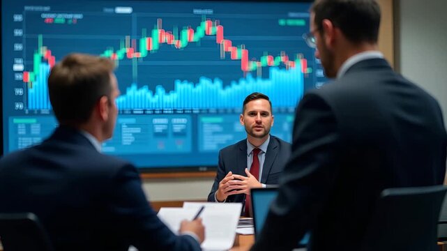 Investor relations team presenting poor stock performance analysis at press conference with downward trend graphs and target price adjustments in  Photo Stock  Concept  and empty space on the left sid