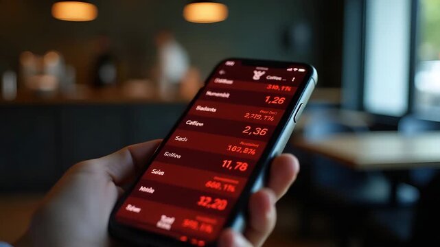 Smartphone screen filled with red numbers during sell off moment as user panics over trading app red screen alert in coffee shop in  Photo Stock  Concept  and empty space on the left side