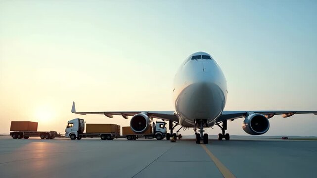 Cargo plane on the runway being loaded with shipping containers ready for international air transport to various destinations worldwide in  Photo Stock  Concept  and empty space on the left side