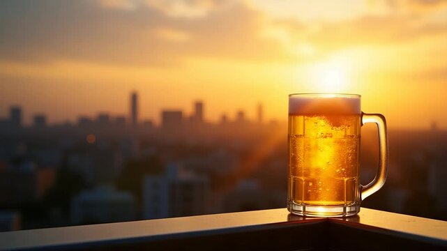 Single chilled beer mug on balcony railing overlooking sunset skyline with gentle breeze and condensation droplets highlighting serene and relaxing beverage moment in  Photo Stock  Concept  and empty 