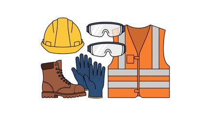 Illustration of essential construction safety gear showcasing a hard hat, safety glasses, work boots, gloves, and safety vest, suitable for promoting workplace safety awareness and training programs