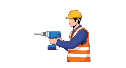 Construction Worker with Electric Drill Preparing for Work, Ideal for illustrating building, DIY projects, construction safety, and industrial repair and maintenance tasks.