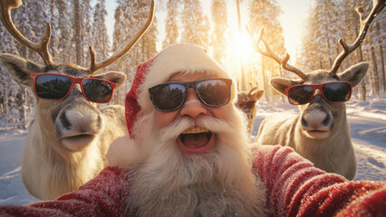 Santa Claus smiles broadly while posing with reindeer, created AI