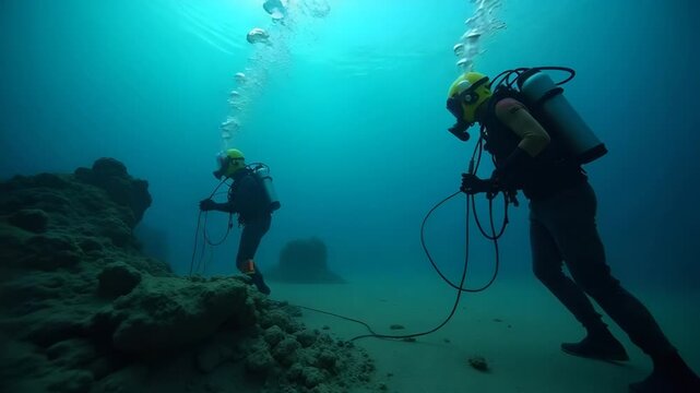 Oceanographers surveying undersea earthquake impact by capturing hydrophone recordings and ROV imagery of seabed fault rupture and sediment displacement in  Photo Stock  Concept  and empty space on th