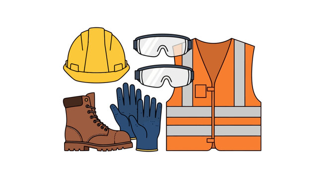 Illustration of essential construction safety gear showcasing a hard hat, safety glasses, work boots, gloves, and safety vest, suitable for promoting workplace safety awareness and training programs