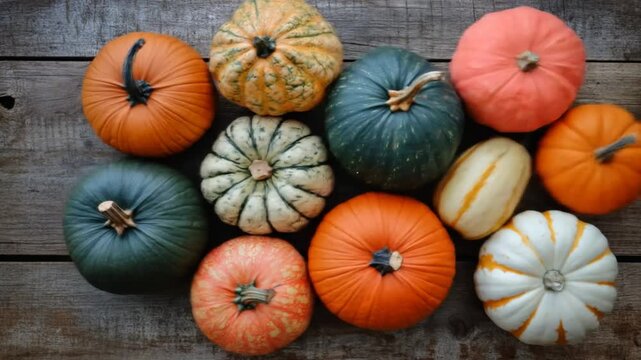 Variety of colorful pumpkins arranged on a rustic wooden surface