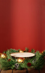 Christmas elegant display with wooden podium and pine wreath. 3D render illustration