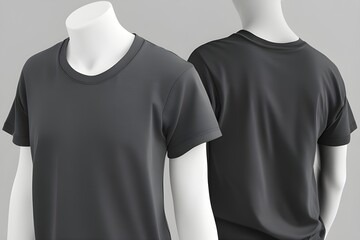 Realistic dark gray t-shirt mockup on a mannequin, front and back view
