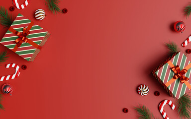 Christmas themed gifts and decorations in festive colors. 3D render illustration
