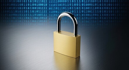 Golden Padlock Security Against Digital Binary Code Background With Blue Glow And Reflections