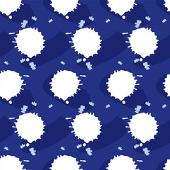Vector shibori blue monochrome artistic paint brush blobs splatter polka dot rows pattern. Suitable for gift wrap and textile.