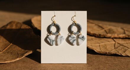 Handcrafted Gray and White Dangle Earrings on Textured Card with Natural Elements