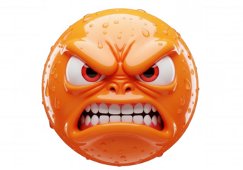 Angry orange sphere with water droplets isolated on a transparent background