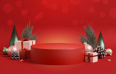 Christmas festive display with red podium and holiday decorations. 3D render illustration