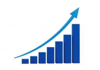 Blue bar graph arrow upward trend isolated on a transparent background
