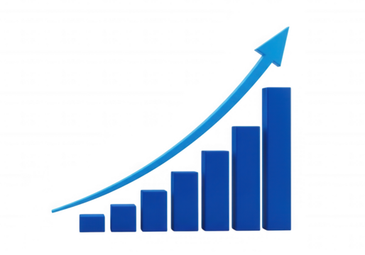Blue bar graph arrow upward trend isolated on a transparent background
