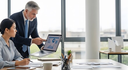 Analyzing financial data, a collaborative session in a bright office, discussing growth trends.