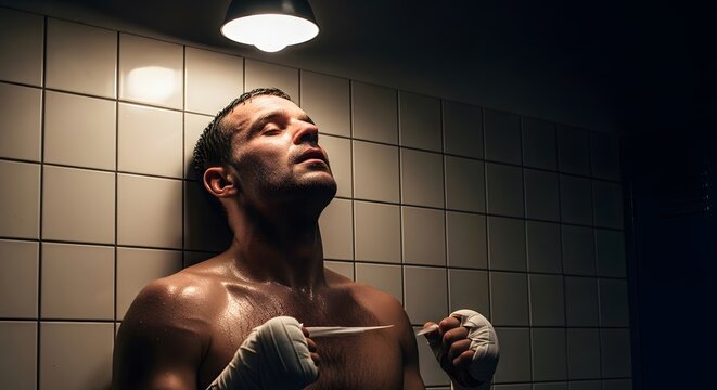 Intense focus, beads of sweat, a moment of contemplation and recovery. The boxer finds inner peace.