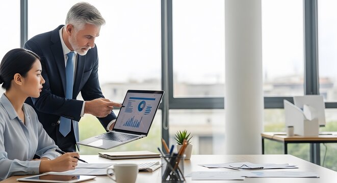 Analyzing financial data, a collaborative session in a bright office, discussing growth trends.