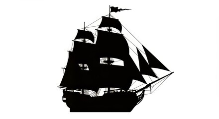 Historical Tall Ship Silhouette Vector Graphic Isolated on White Background

