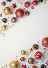Christmas festive decorations with colorful ornaments and pine cones. 3D render illustration
