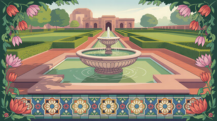 Watercolor design of Mughal lotus pond surrounded by trees
