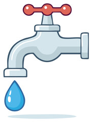 Cartoon illustration of a water faucet with a falling drop of water.