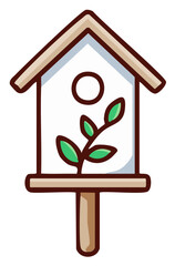 Simple wooden birdhouse with a green leaf design cartoon illustration