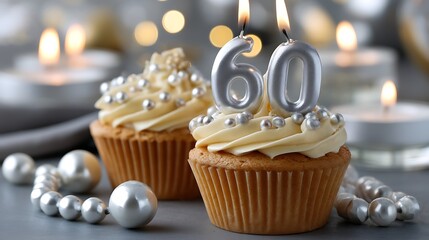 Festive 60th Birthday Cupcakes with Candles and Elegant Decorations for Celebration